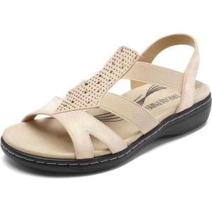 imageDREAM PAIRS Womens Comfortable Arch Support Dressy Flat Sandals Elastic Open Toe Walking Shoes for SummerGold