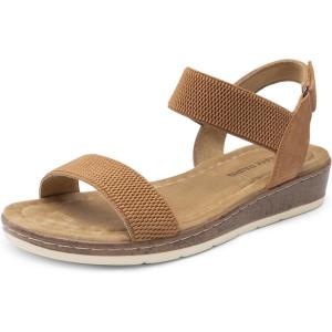 imageDREAM PAIRS Womens Comfortable Dressy Cork Low Wedge Heels Cute Summer One Band Casual Flat Sandals with Adjustable Ankle StrapCamel