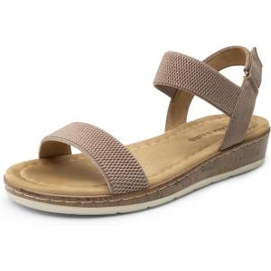 imageDREAM PAIRS Womens Comfortable Dressy Cork Low Wedge Heels Cute Summer One Band Casual Flat Sandals with Adjustable Ankle StrapTaupe