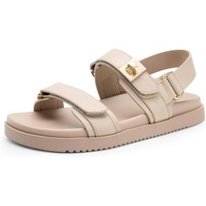 imageDREAM PAIRS Womens Comfortable Open Toe Flat Sandals Fashion One Band Summer Dessy SandalsBeigepu