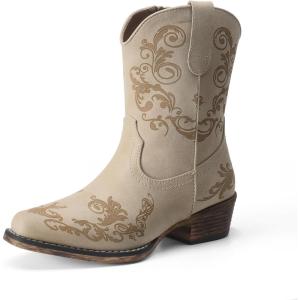 imageDREAM PAIRS Womens Cowboy Cowgirl Western Ankle Boots Low Chunky Heels Square Toe Fall Short Booties ShoesBeige