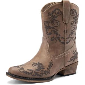 imageDREAM PAIRS Womens Cowboy Cowgirl Western Ankle Boots Low Chunky Heels Square Toe Fall Short Booties ShoesBrown