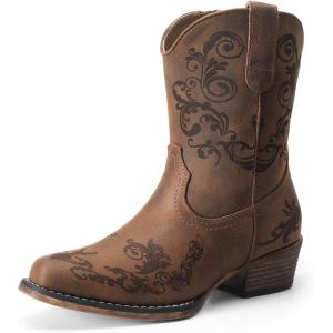imageDREAM PAIRS Womens Cowboy Cowgirl Western Ankle Boots Low Chunky Heels Square Toe Fall Short Booties ShoesTan