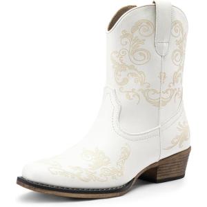 imageDREAM PAIRS Womens Cowboy Cowgirl Western Ankle Boots Low Chunky Heels Square Toe Fall Short Booties ShoesWhite