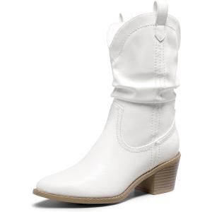 imageDREAM PAIRS Womens Cowgirl Boots Mid Calf Western Cowboy Chunky Heel Boots Slouchy ampamp Pullon Ankle Booties for womenWhite