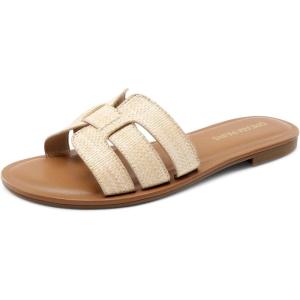 imageDREAM PAIRS Womens Dressy Slide Sandals Slipon Open Round Toe Flat Sandals Fashion Casual Comfortable Summer Beach Walking SlidesNuderaffia