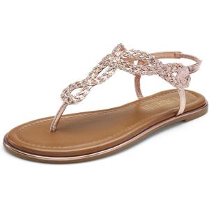 imageDREAM PAIRS Womens Flat Sandals Dressy Summer Stappy Comfortable Ankle Elastic TStrap Beach Thong SandalsRose Goldmetallic