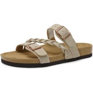 imageDREAM PAIRS Womens Slides Soft Cork Footbed Sandals Comfortable Walking Slipon Flat Sandals Arch Support Adjustable Buckle Braided Straps SlippersBeige