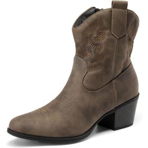 imageDREAM PAIRS Womens Western Cowboy Cowgirl Embroidered Ankle Boots Fashion Low chunky Heel Round Toe Fall Short Booties ShoesCamel