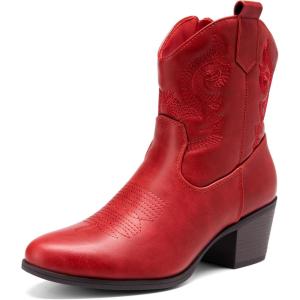 imageDREAM PAIRS Womens Western Cowboy Cowgirl Embroidered Ankle Boots Fashion Low chunky Heel Round Toe Fall Short Booties ShoesRed
