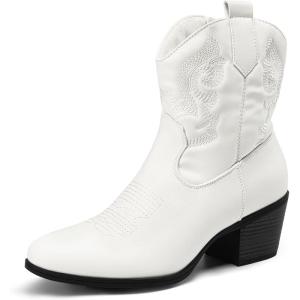 imageDREAM PAIRS Womens Western Cowboy Cowgirl Embroidered Ankle Boots Fashion Low chunky Heel Round Toe Fall Short Booties ShoesWhite