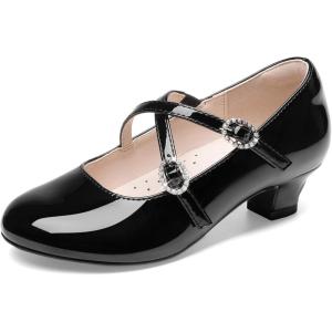 imageDream Pairs Girls Dress Shoes Mary Jane High Heel Round Toe Straps Pumps Flower Wedding Party Princess Flats for LittleBig KidsBlack