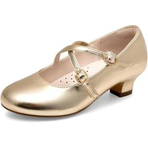imageDream Pairs Girls Dress Shoes Mary Jane High Heel Round Toe Straps Pumps Flower Wedding Party Princess Flats for LittleBig KidsGold