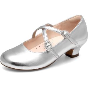 imageDream Pairs Girls Dress Shoes Mary Jane High Heel Round Toe Straps Pumps Flower Wedding Party Princess Flats for LittleBig KidsSilver