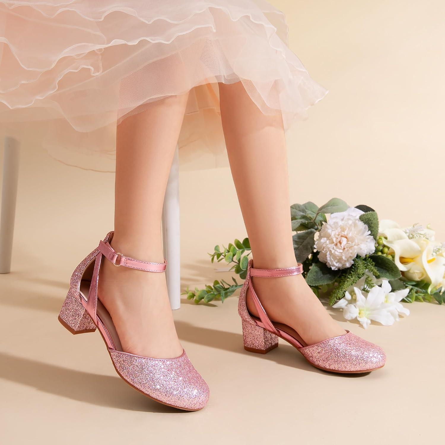imageDREAM PAIRS Girls Dress Shoes Closed Toe High Heels Ankle Strap Toddler Little Big Kid Wedding Flower Party PumpPink