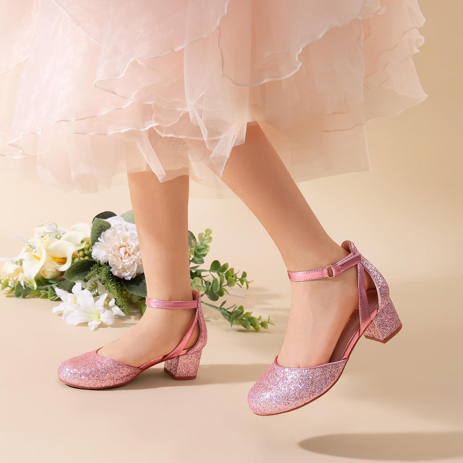 imageDREAM PAIRS Girls Dress Shoes Closed Toe High Heels Ankle Strap Toddler Little Big Kid Wedding Flower Party PumpPink