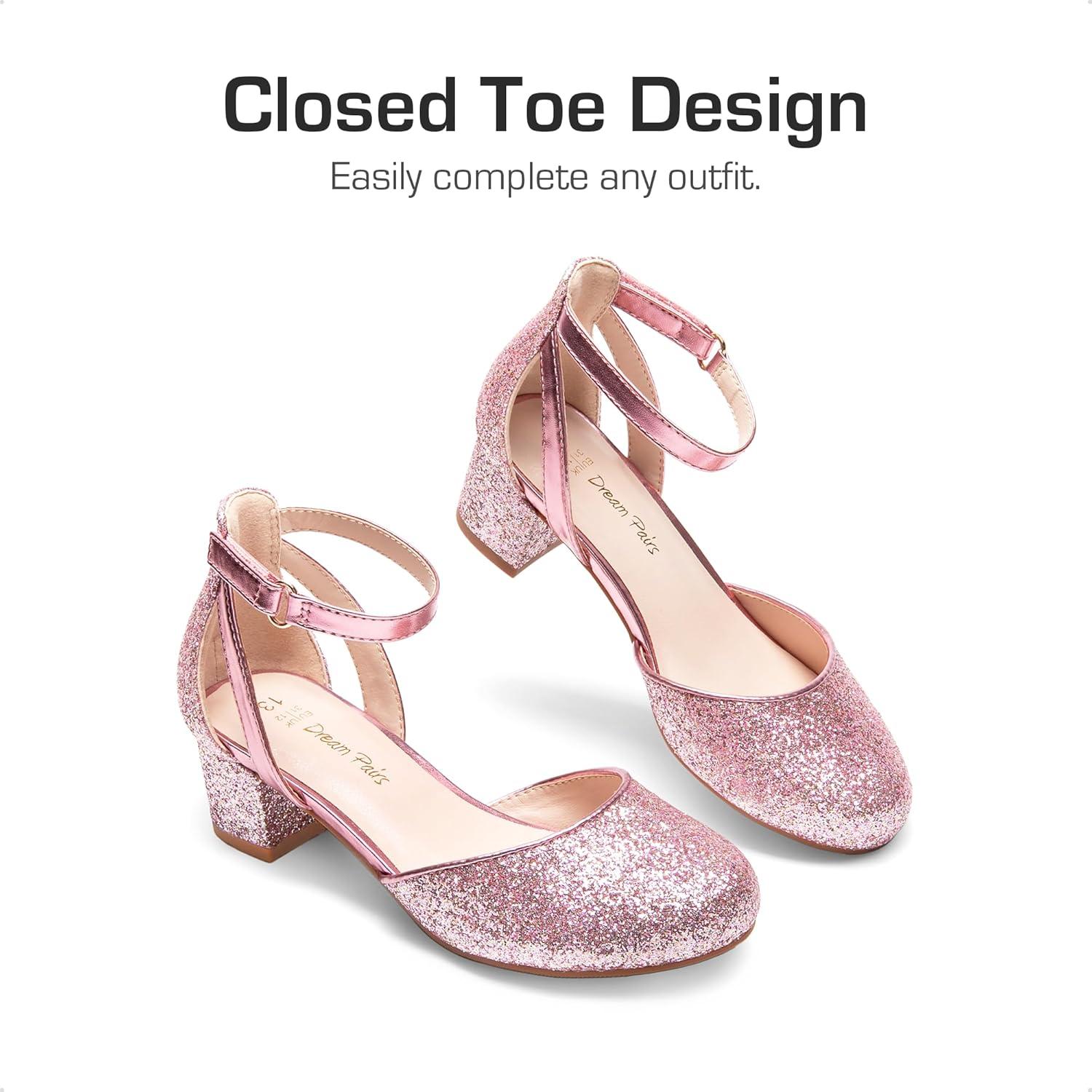 imageDREAM PAIRS Girls Dress Shoes Closed Toe High Heels Ankle Strap Toddler Little Big Kid Wedding Flower Party PumpPink