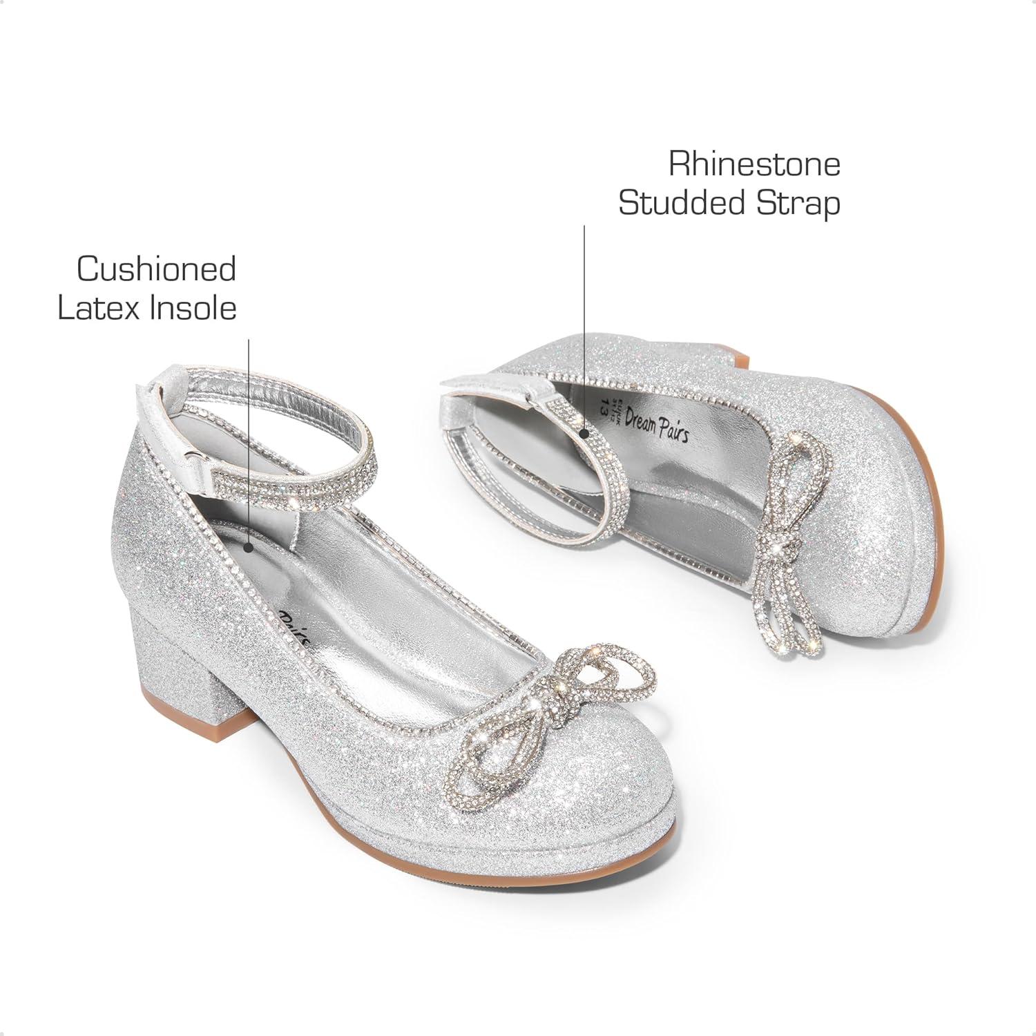 imageDREAM PAIRS Girls Dress Shoes Platform Chunky Heel Ankle Strap Princess Flats Flower Party Wedding Pump for Little Big KidSilver