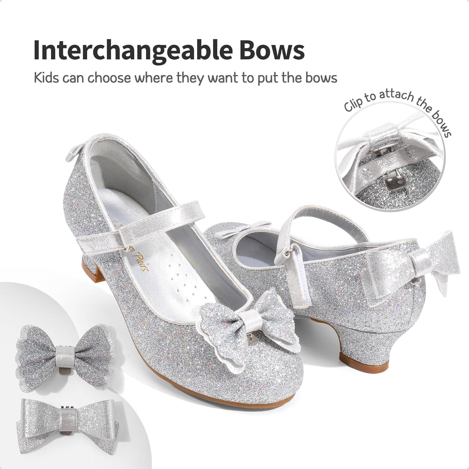 imageDREAM PAIRS Girls Dress Shoes Toddler Little Girls Heels Mary Jane Princess Shoes with Interchangeable Bow for Flower Girl Wedding PartySilver