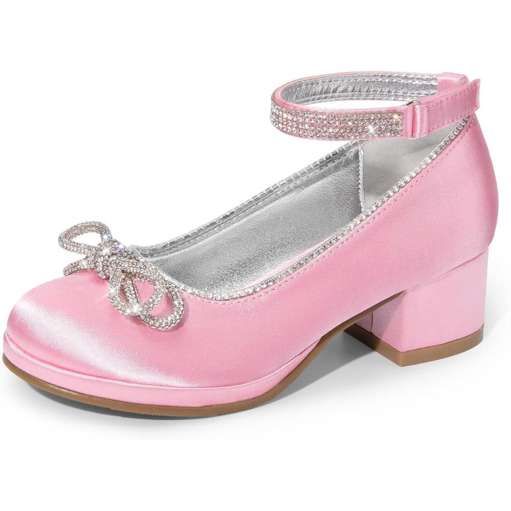 imageDREAM PAIRS Girls Dress Shoes Platform Chunky Heel Ankle Strap Princess Flats Flower Party Wedding Pump for Little Big KidPink