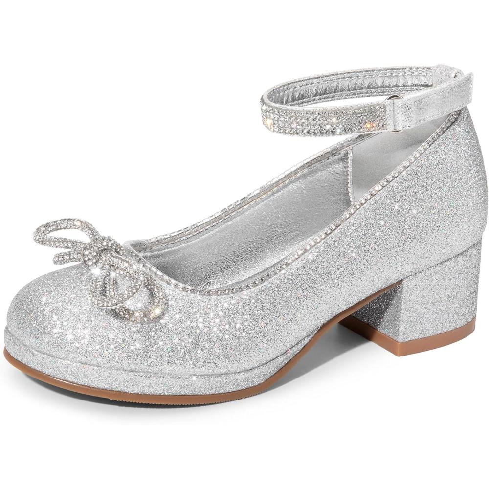imageDREAM PAIRS Girls Dress Shoes Platform Chunky Heel Ankle Strap Princess Flats Flower Party Wedding Pump for Little Big KidSilver