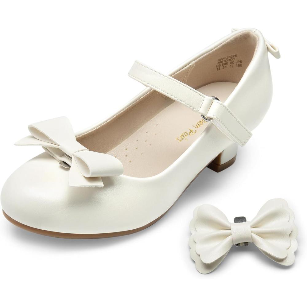 imageDREAM PAIRS Girls Dress Shoes Toddler Little Girls Heels Mary Jane Princess Shoes with Interchangeable Bow for Flower Girl Wedding PartyIvory