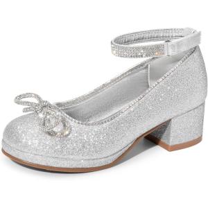 imageDREAM PAIRS Girls Dress Shoes Platform Chunky Heel Ankle Strap Princess Flats Flower Party Wedding Pump for Little Big KidSilver