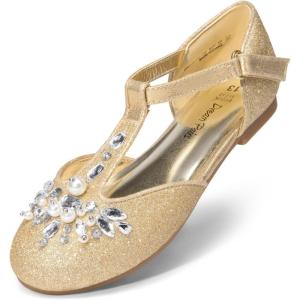 imageDREAM PAIRS Girls Mary Jane Dress Shoes Pearl TStrap Party Flower Wedding Princess Flats for Toddler Little Big KidGold