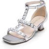 imageDREAM PAIRS Girls Sandals Ankle Strap TStrap Low Heel Pearl Flower Pump Dress Wedding Party Square Toe Shoes for Little KidBig KidSilver