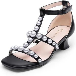 imageDREAM PAIRS Girls Sandals Ankle Strap TStrap Low Heel Pearl Flower Pump Dress Wedding Party Square Toe Shoes for Little KidBig KidBlack