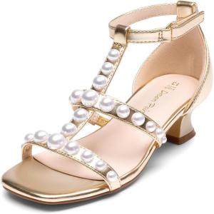imageDREAM PAIRS Girls Sandals Ankle Strap TStrap Low Heel Pearl Flower Pump Dress Wedding Party Square Toe Shoes for Little KidBig KidGold