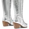 imageDREAM PAIRS Womens Cowboy Boots Wide Calf Comfortable Pull On Zipper Chunky Heel Pointed Toe Embroidered Western Cowgirl Knee High Boots Ladies Retro Tall BootMetallic Silver