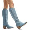 imageDREAM PAIRS Womens Cowboy Boots Wide Calf Comfortable Pull On Zipper Chunky Heel Pointed Toe Embroidered Western Cowgirl Knee High Boots Ladies Retro Tall BootDenim Blue