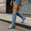 imageDREAM PAIRS Womens Cowboy Boots Wide Calf Comfortable Pull On Zipper Chunky Heel Pointed Toe Embroidered Western Cowgirl Knee High Boots Ladies Retro Tall BootDenim Blue