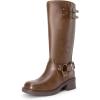 imageDREAM PAIRS Womens Knee High Boots Side Zipper Motorcycle Boots Square Toe Chunky Low Heel Fashion Buckles Biker Riding BootsBrownpu