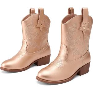 imageDREAM PAIRS Girls Cowgirl Boots Cowboy Boots with Low Heel Western Embroidered Fashion Mid Calf Shoes for ToddlerLittle KidBig KidRose Gold