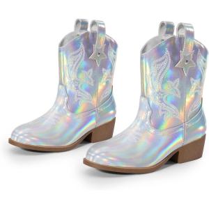 imageDREAM PAIRS Girls Cowgirl Boots Cowboy Boots with Low Heel Western Embroidered Fashion Mid Calf Shoes for ToddlerLittle KidBig KidSilver