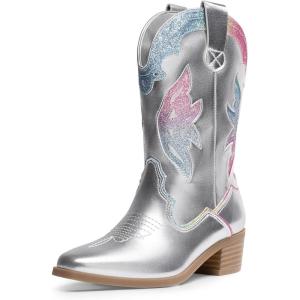 imageDREAM PAIRS Girls Cowgirl Cowboy Boots Western Fashion Mid Calf BootsSilver
