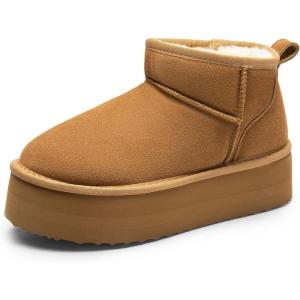imageDREAM PAIRS Platform Mini Boots for Women Suede Genuine Leather Classic Winter Ankle Snow Boots with Memory Foam Insole Lightweight AntiSlip Outsole FuzzyClassicChestnut