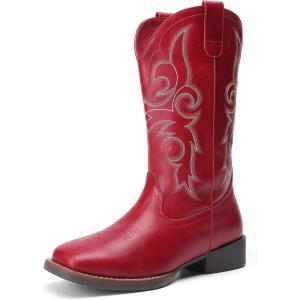 imageDREAM PAIRS Womens Cowboy Cowgirl Boots Embroidered Square Toe Mid Calf Western Boots Fashion Dress Chunky Low Heel Shoes for Theme Party Country ConcertRed