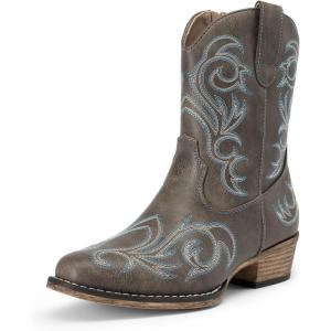 imageDREAM PAIRS Womens Cowboy Cowgirl Western Boots Embroidered Stitched Ankle Boots Square Toe Chunky Heel Fashion Short Booties with ZipperBrown