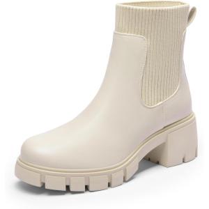 imageDREAM PAIRS Womens Elastic Chelsea Ankle Boots Fashion Low Chunky Heel Platform Lug Sole Short Booties ShoesBeige
