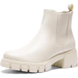 imageDREAM PAIRS Womens Elastic Chelsea Ankle Boots Platform Low Chunky Block Heel Lug Sole Slip on Fall Heeled Booties ShoesBeige