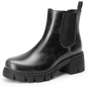 imageDREAM PAIRS Womens Elastic Chelsea Ankle Boots Platform Low Chunky Block Heel Lug Sole Slip on Fall Heeled Booties ShoesBlackSilver
