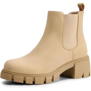 imageDREAM PAIRS Womens Elastic Chelsea Ankle Boots Platform Low Chunky Block Heel Lug Sole Slip on Fall Heeled Booties ShoesNude