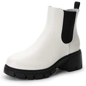 imageDREAM PAIRS Womens Elastic Chelsea Ankle Boots Platform Low Chunky Block Heel Lug Sole Slip on Fall Heeled Booties ShoesWhite
