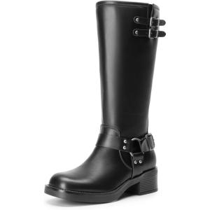 imageDREAM PAIRS Womens Knee High Boots Side Zipper Motorcycle Boots Square Toe Chunky Low Heel Fashion Buckles Biker Riding BootsBlackpu