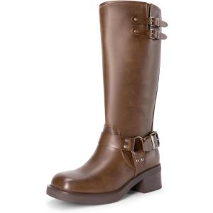 imageDREAM PAIRS Womens Knee High Boots Side Zipper Motorcycle Boots Square Toe Chunky Low Heel Fashion Buckles Biker Riding BootsBrownpu