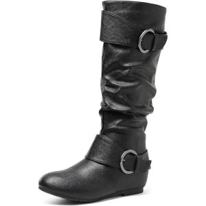 imageDREAM PAIRS Womens Knee High Low Hidden Wedge Boots Suede Faux Fur Lining Side Zipper Knee High Buckle BootsUrablack