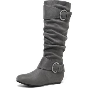 imageDREAM PAIRS Womens Knee High Low Hidden Wedge Boots Suede Faux Fur Lining Side Zipper Knee High Buckle BootsUragrey Suede